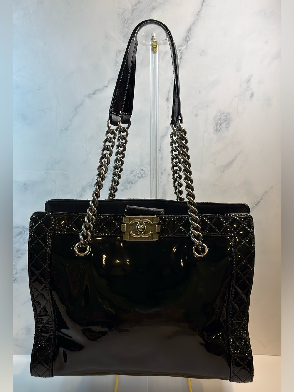 Chanel Large Reverso Boy Tote Black Patent Leather